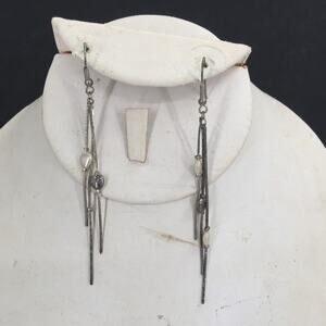 Vintage heart shaped faux pearl chain silver color tassel earrings